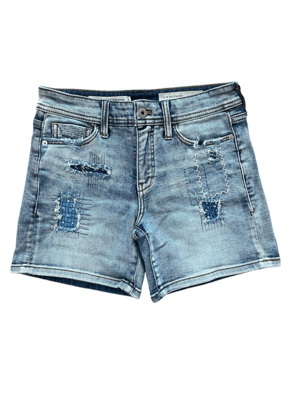 Pilcro Patchwork Slim Boyfriend Boho Whimsy Ditsy Denim High Rise Jean Shorts